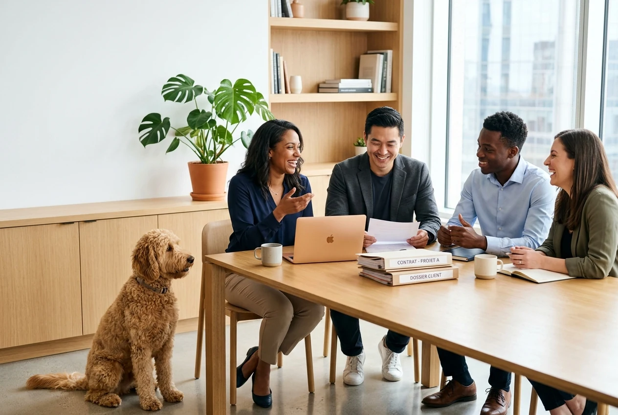 Professionnels en collaboration avec un grand chien dans un bureau moderne — photo temporaire
